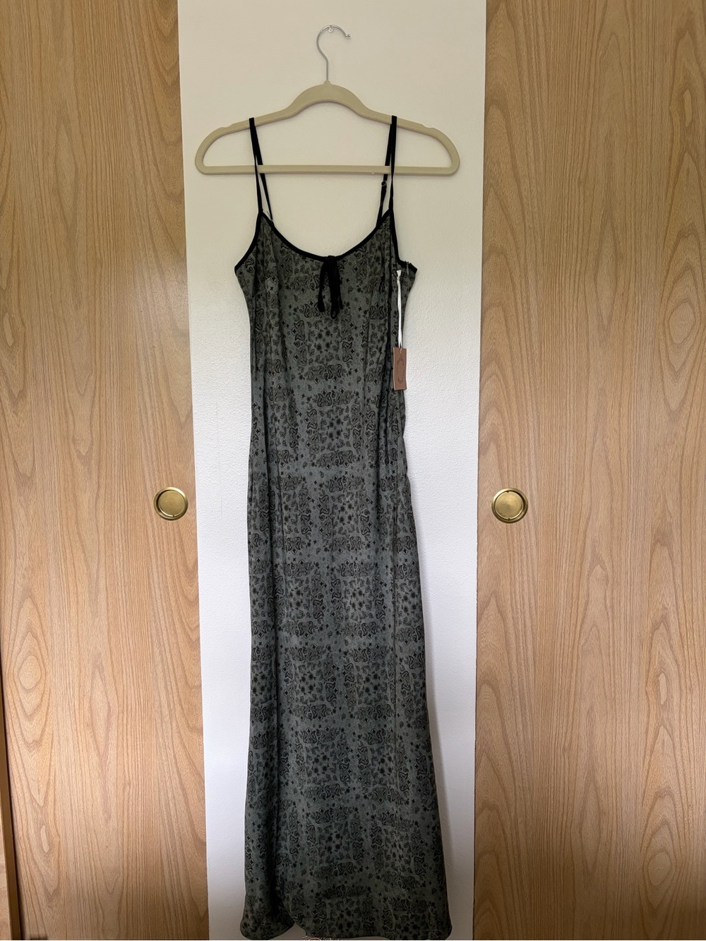 Olive Green Printed Slip Maxi Dress with Black Trim